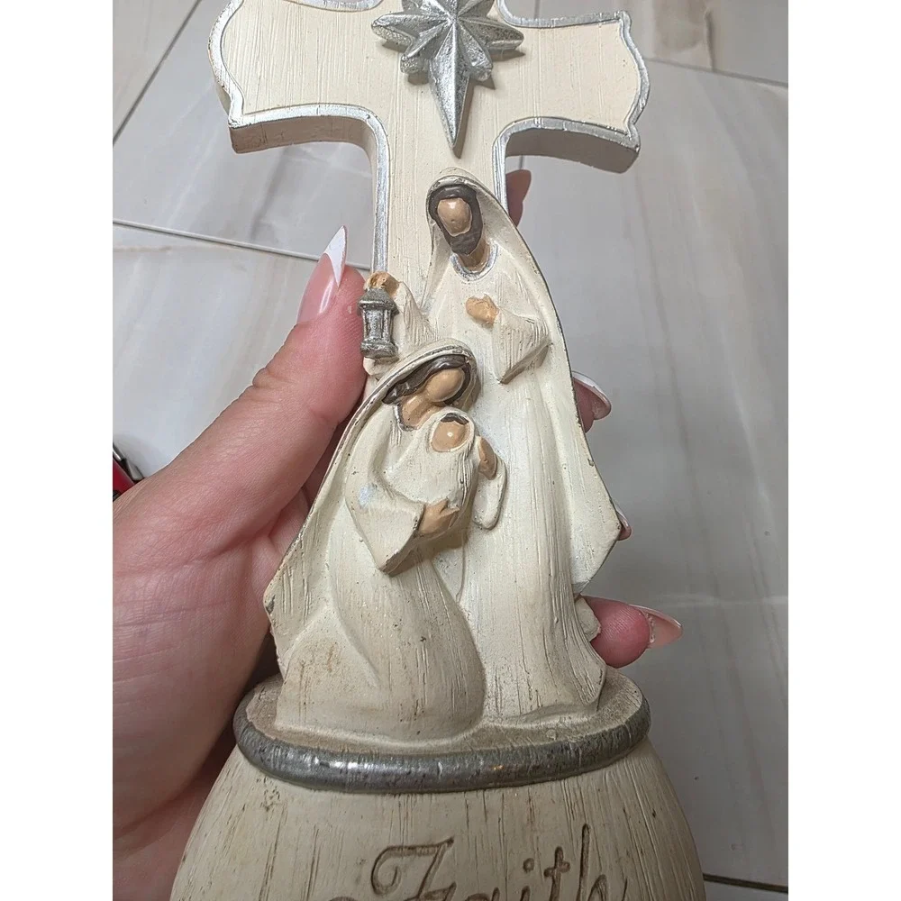 Faith Nativity Cross Figurine Holy Family Christmas‎ Decor Light Up Cream Silver